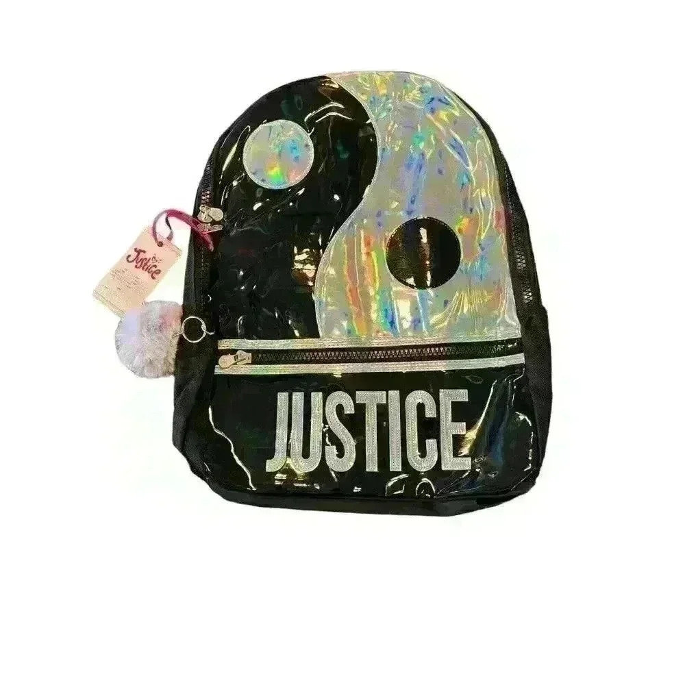 NWT Justice Ying & Yang Girls Backpack Holographic Silver with Pom Pom Keychain